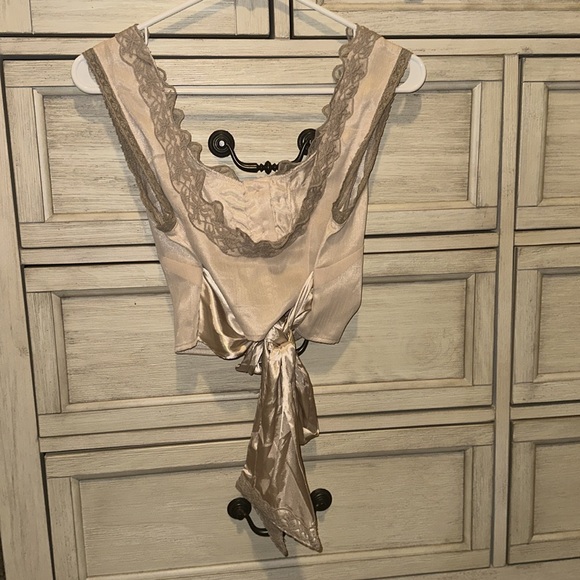 ASOS Nude Lace Silk Button Up Tank Top Bow Tie In Back Button Down Dressy Small - Picture 5 of 10